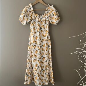 Reformation Yellow lemons  Puff Sleeve midi Sundress